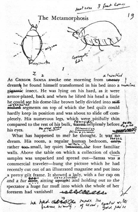A page from Franz Kafka’s Metamorphosis annotated by Nabokov
